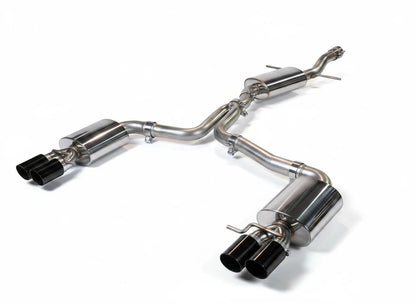 HS Tuning AWE Touring Edition exhaust for Audi B8 A4 featuring stainless steel piping and quad diamond black tips.
