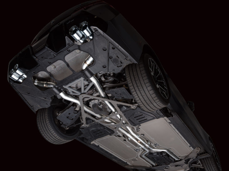 HS Tuning AWE Tuning Track Edition cat-back exhaust system with chrome silver tips installed on a BMW M5