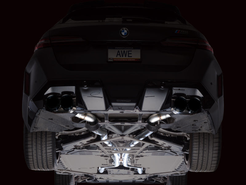 HS Tuning AWE Tuning Track Edition cat-back exhaust with diamond black tips installed on a BMW M5 rear view