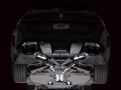 HS Tuning AWE Tuning Track Edition cat-back exhaust with diamond black tips installed on a BMW M5 rear view