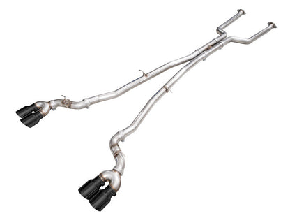 HS Tuning AWE Tuning Track Edition cat-back exhaust for BMW M5 with stainless steel piping and diamond black tips.