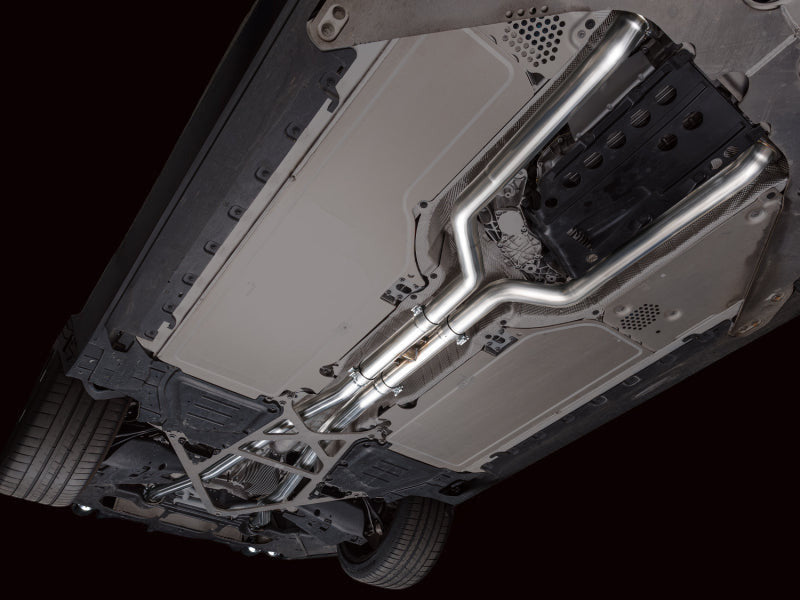 HS Tuning AWE Tuning BMW G90 M5 Track Edition stainless steel cat-back exhaust system installed under vehicle