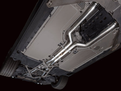 HS Tuning AWE Tuning BMW G90 M5 Track Edition stainless steel cat-back exhaust system installed under vehicle