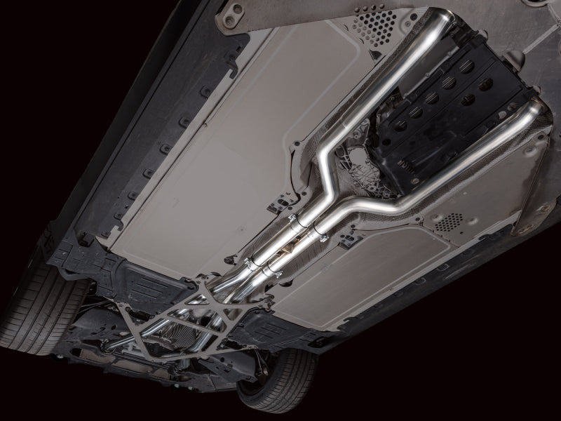 HS Tuning AWE Tuning BMW M5 Track Edition stainless steel cat-back exhaust system installed under vehicle chassis