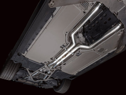 HS Tuning AWE Tuning BMW M5 Track Edition stainless steel cat-back exhaust system installed under vehicle chassis