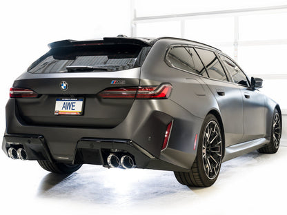 HS Tuning AWE Tuning Track Edition cat-back exhaust with chrome silver tips installed on a matte grey BMW M5 Touring