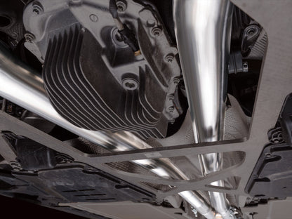 HS Tuning AWE Tuning Track Edition cat-back exhaust system installed under a BMW M5 showing polished steel piping