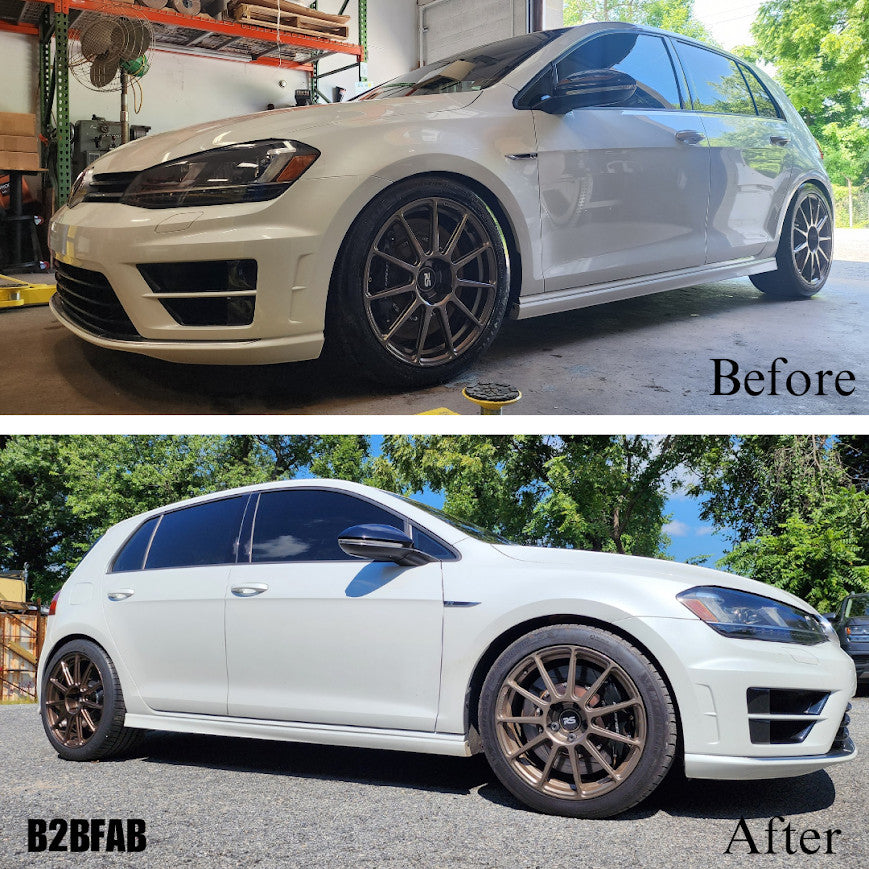 HS Tuning B2BFAB mild lift kit installed on a white VW Golf R, showing before and after ride height comparison.