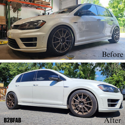 HS Tuning B2BFAB mild lift kit installed on a white VW Golf R, showing before and after ride height comparison.