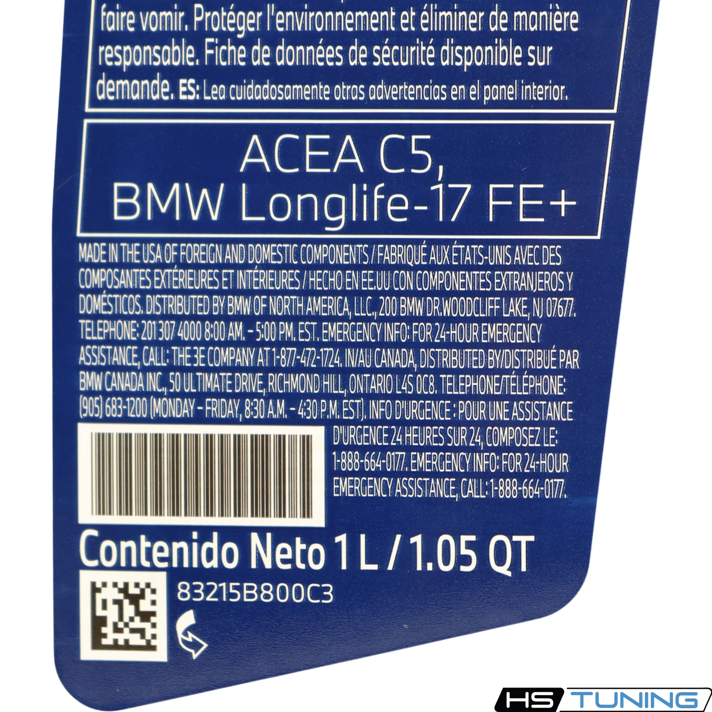 HS Tuning Genuine BMW 0W-20 full-synthetic engine oil label showing ACEA C5 and Longlife-17 FE+ specifications.