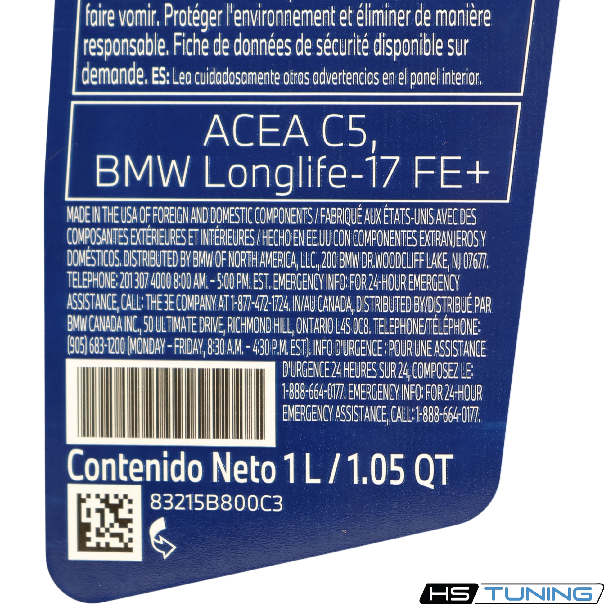 HS Tuning Genuine BMW 0W-20 full-synthetic engine oil label showing ACEA C5 and Longlife-17 FE+ specifications.