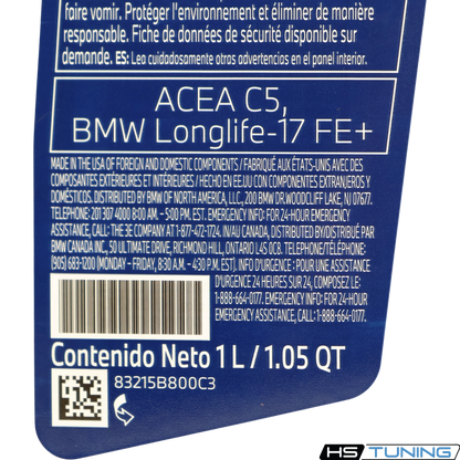 HS Tuning Genuine BMW 0W-20 full-synthetic engine oil label showing ACEA C5 and Longlife-17 FE+ specifications.