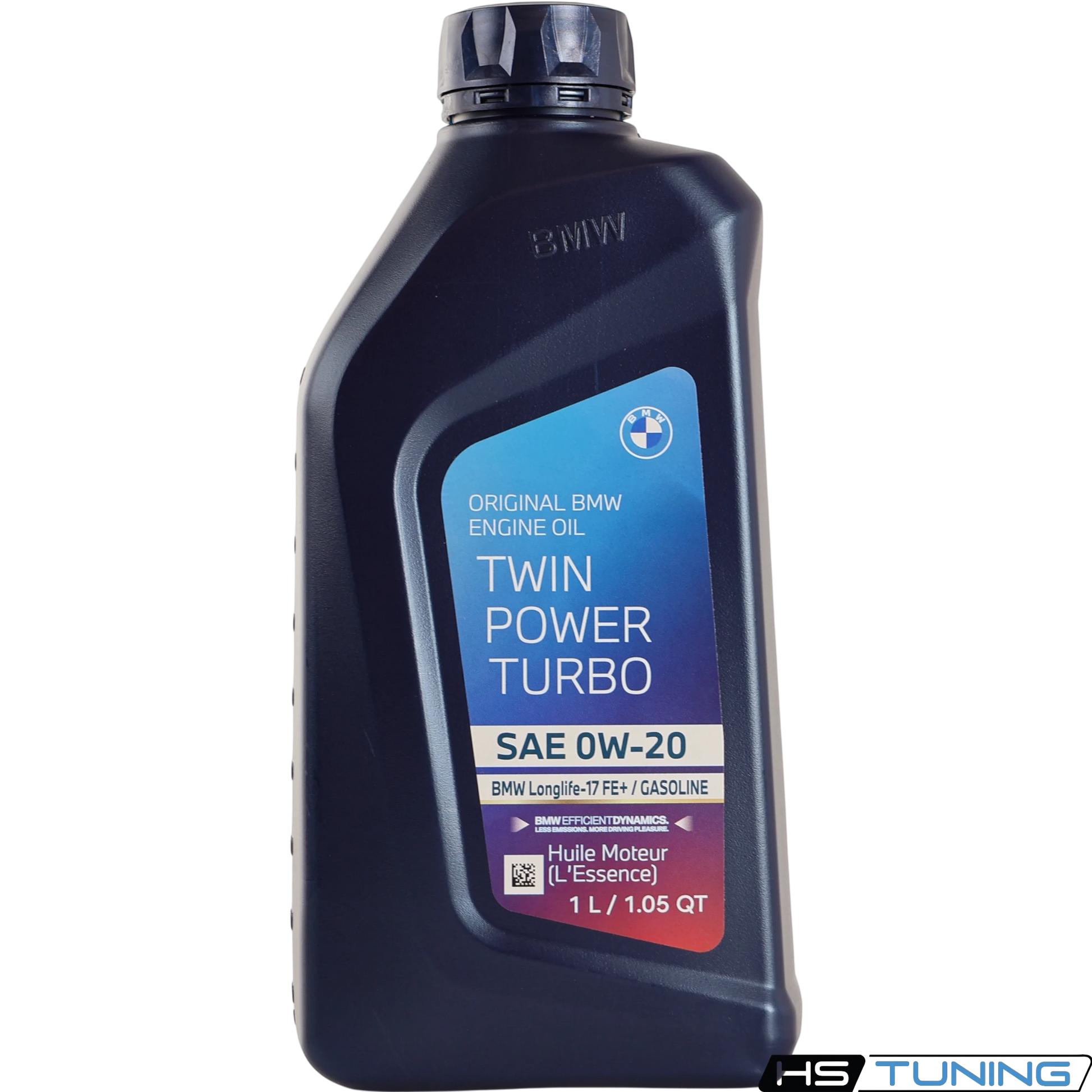 HS Tuning Genuine BMW 0W-20 TwinPower Turbo full-synthetic engine oil in a 1-liter black plastic bottle.