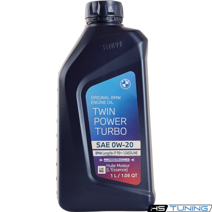 HS Tuning Genuine BMW 0W-20 TwinPower Turbo full-synthetic engine oil in a 1-liter black plastic bottle.