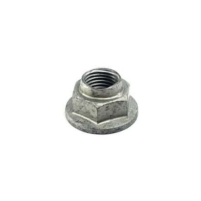 Genuine BMW lower control arm nut from HS Tuning, a silver metal suspension fastener with a flanged hex head. Genuine BMW | Strut Mount Bolt | 07-11-9-906-100