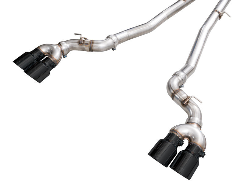 HS Tuning AWE Tuning BMW M5 Track Edition cat-back exhaust system with polished steel piping and diamond black tips