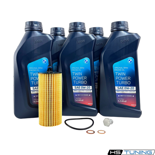 HS Tuning Genuine BMW 0W-20 oil change kit for B46/B48 engines, including six oil bottles, filter, and drain hardware.