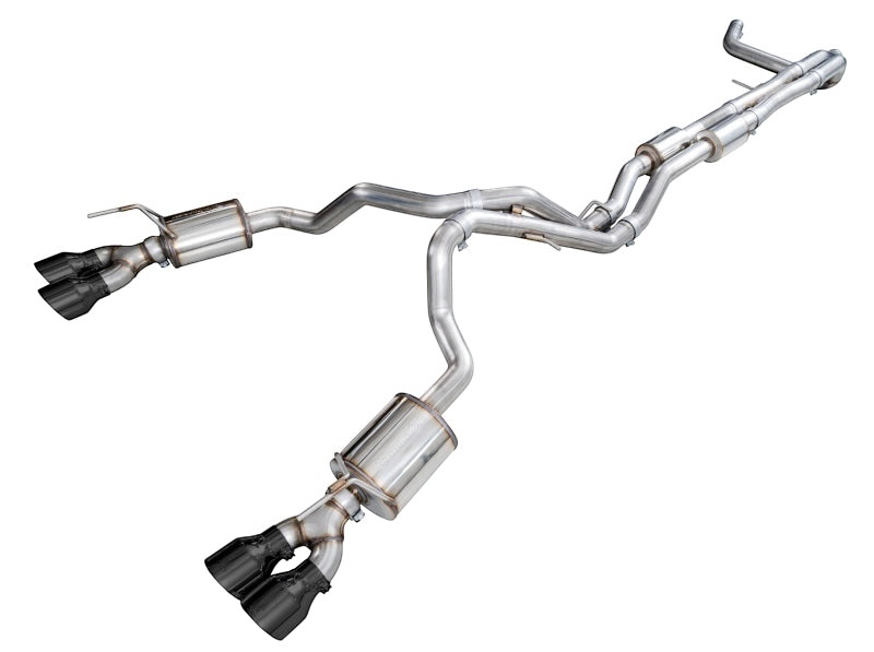 HS Tuning AWE 0FG dual exit exhaust system for Cadillac Escalade with stainless steel piping and diamond black tips.
