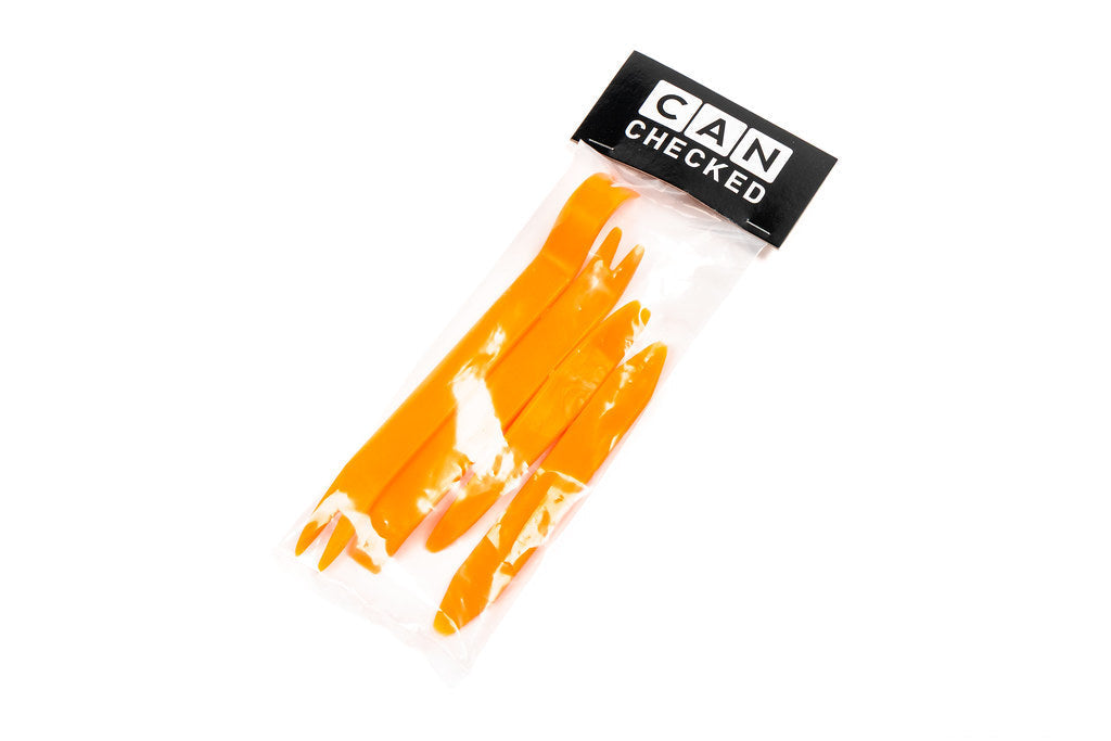HS Tuning CANchecked orange plastic trim removal tools in a clear plastic bag for automotive interior disassembly.