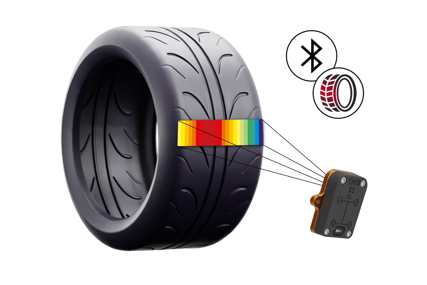 HS Tuning CANchecked TMB01 Bluetooth tire temperature monitor sensor measuring heat across a performance racing tire