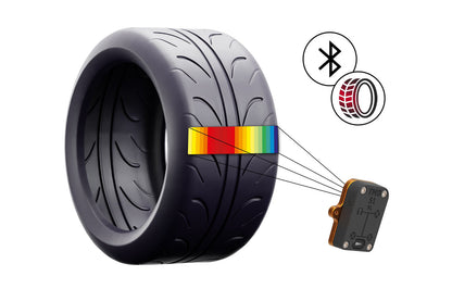 HS Tuning CANchecked TMB01 Bluetooth tire temperature monitor sensor measuring heat across a performance racing tire