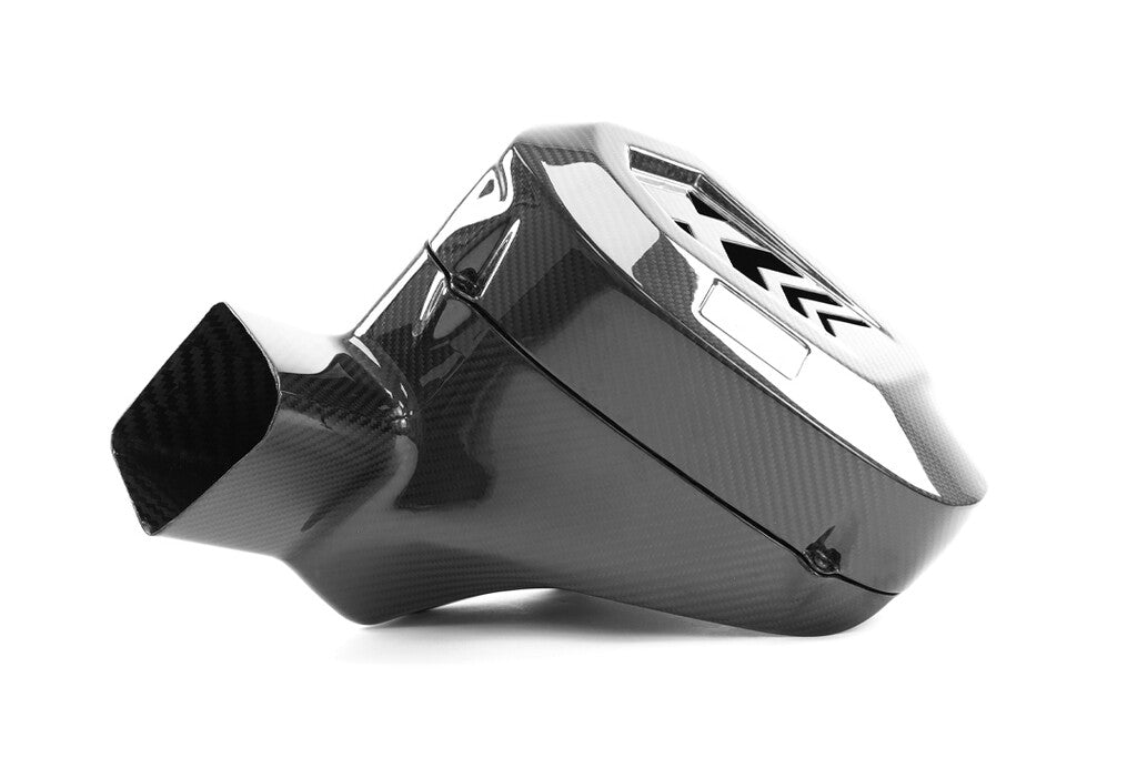 HS Tuning MMX Performance carbon fiber air box for BMW G8X S58 engines featuring a glossy 3K twill weave finish.