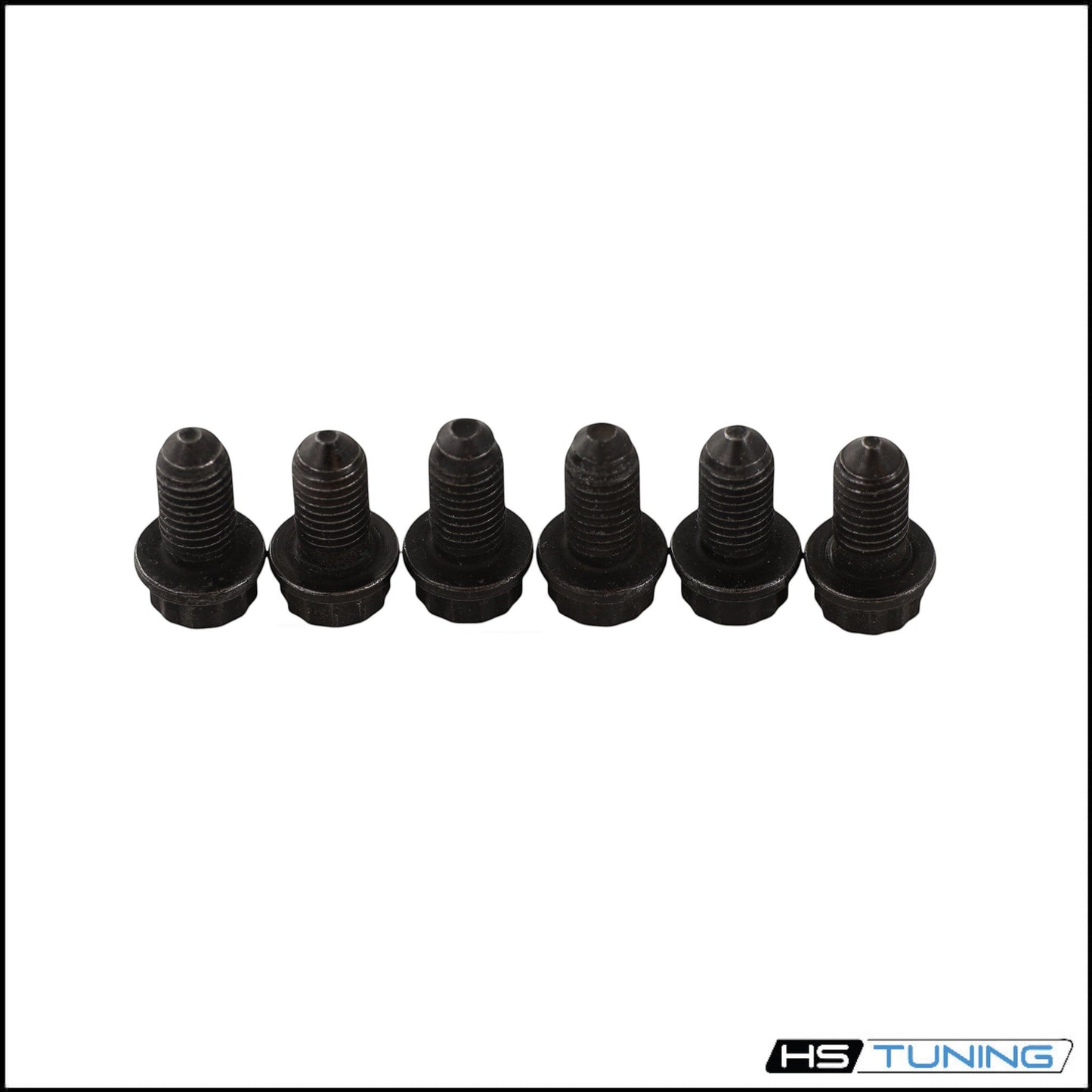 HS Tuning set of six black metal bolts for automotive clutch installation and transmission hardware replacement.