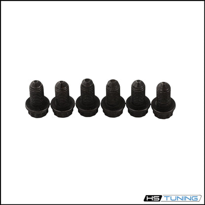 HS Tuning set of six black metal bolts for automotive clutch installation and transmission hardware replacement.