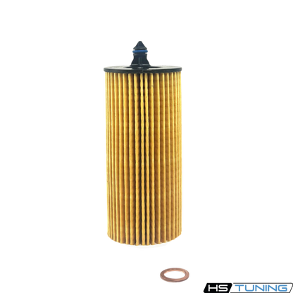 HS Tuning Genuine BMW oil filter cartridge with pleated yellow paper element and rubber seal for engine maintenance