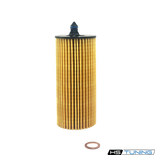 HS Tuning Genuine BMW oil filter cartridge with pleated yellow paper element and rubber seal for engine maintenance