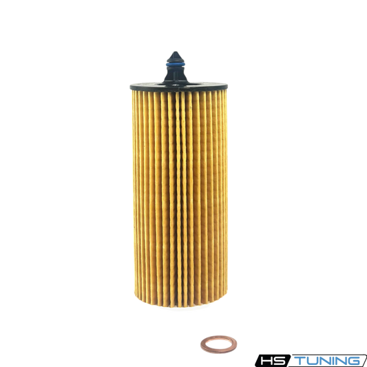HS Tuning Genuine BMW oil filter cartridge with pleated yellow paper element and rubber seal for engine maintenance