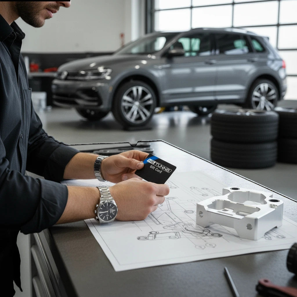 HS Tuning gift card held by a man in a workshop with car parts and a vehicle in the background.
