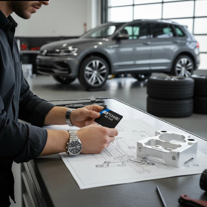 HS Tuning gift card held by a man in a workshop with car parts and a vehicle in the background.