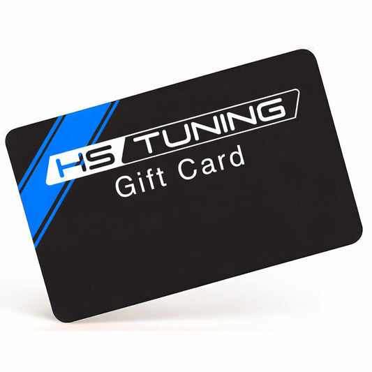 HS Tuning digital gift card with black background and blue racing stripe design