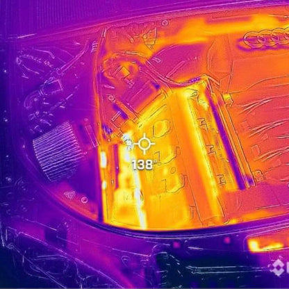 HS Tuning thermal image showing cool air intake temperatures on a Jackal Motorsports B6/B7 S4 engine bay