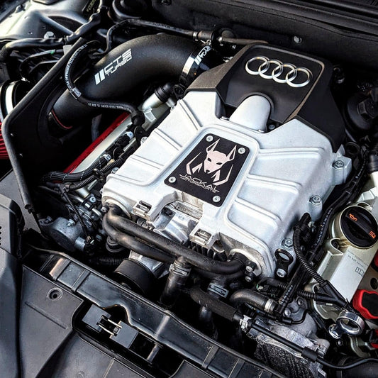 HS Tuning Jackal Motorsports supercharger plate installed on an Audi 3.0TFSI engine bay