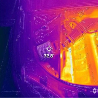 HS Tuning thermal image showing the Jackal Motorsports air intake system with a cool 72.8 degree filter temperature