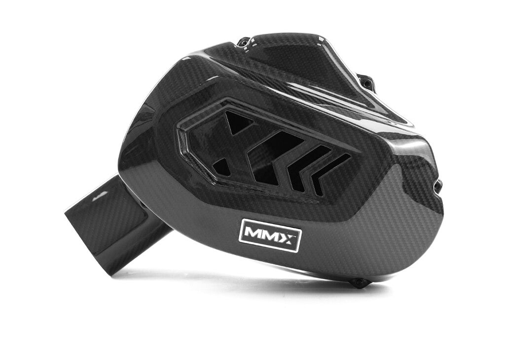 HS Tuning MMX Performance carbon fiber air box for BMW G8X S58 engine with 3K twill weave and MMX branding