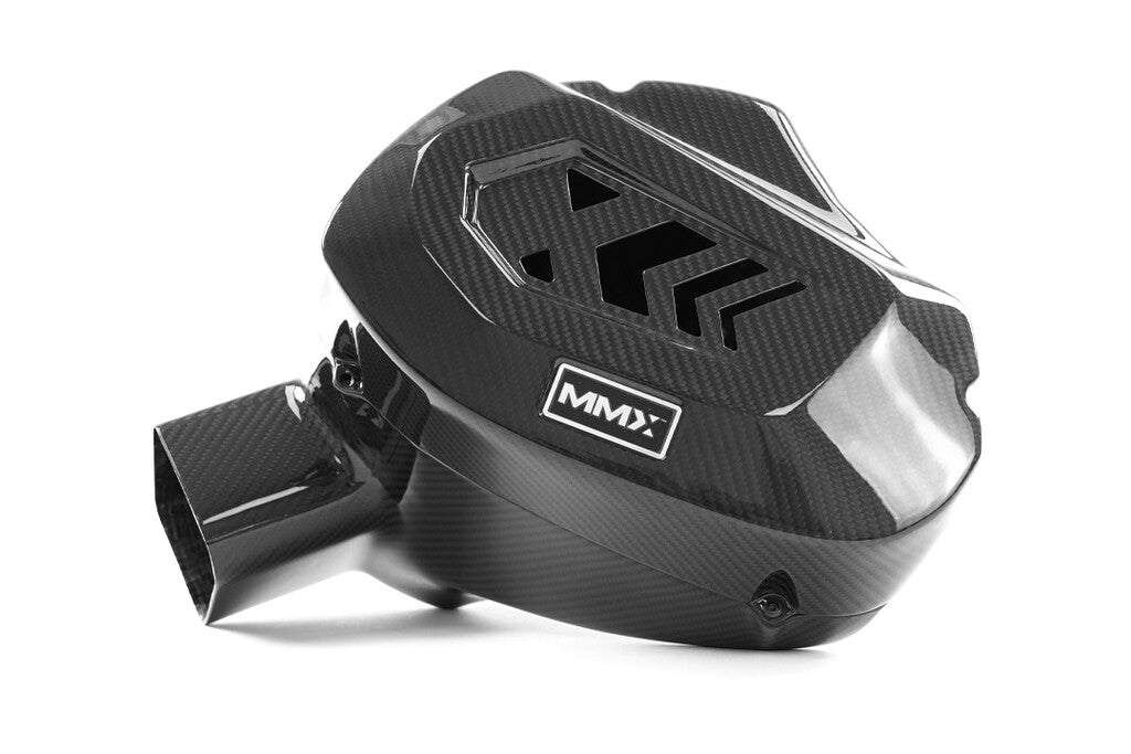 HS Tuning MMX Performance carbon fiber air box for BMW G8X S58 engines featuring a glossy 3K twill weave finish.