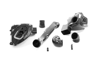 HS Tuning MMX Performance carbon fiber intake system for BMW G8X, featuring air boxes, pipes, and cone filters.