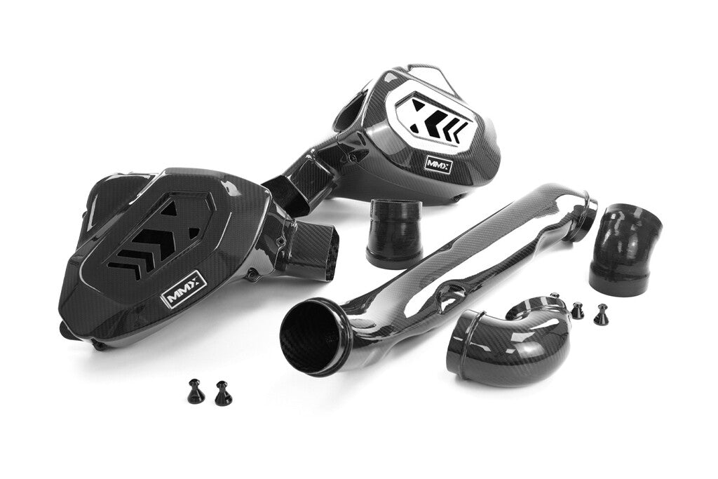 HS Tuning MMX Performance carbon fiber intake system for BMW G8X featuring air boxes, intake pipes, and hardware.