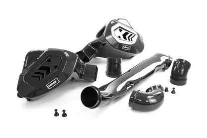 HS Tuning MMX Performance carbon fiber intake system for BMW G8X featuring air boxes, intake pipes, and hardware.