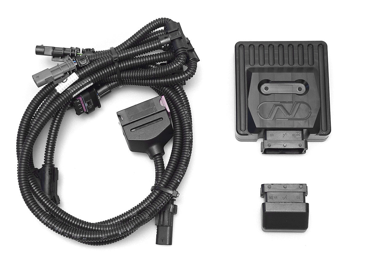 HS Tuning NEUSPEED Power Module EVO kit with black control unit, wiring harness, and connector for EA888.4 engines.
