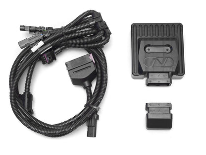 HS Tuning NEUSPEED Power Module EVO kit with black control unit, wiring harness, and connector for EA888.4 engines.