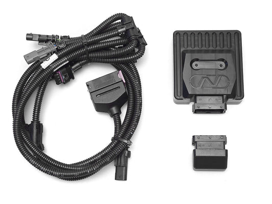 HS Tuning NEUSPEED Power Module EVO kit with black control unit, wiring harness, and bypass plug for VW 2.0L TSI engines.