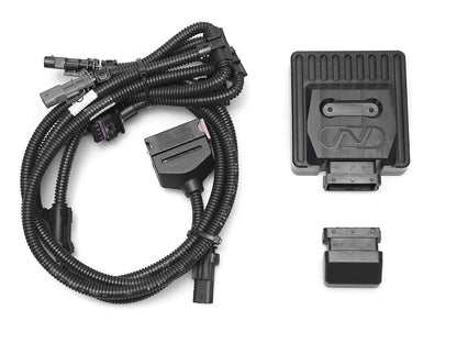 HS Tuning NM Engineering Power Module EVO kit with black control unit, wiring harness, and plug for BMW S58 engine.
