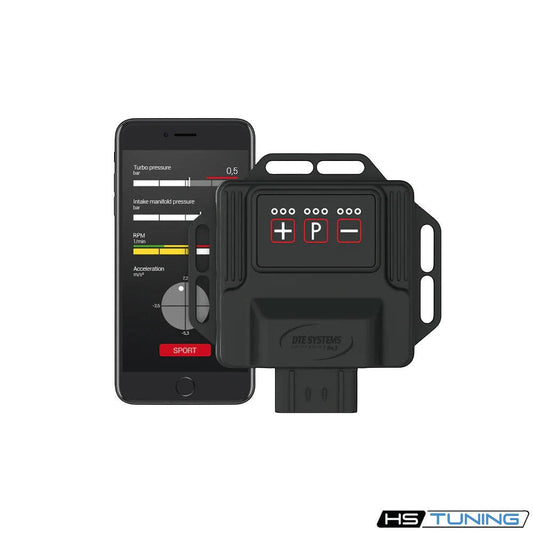 HS Tuning PowerControl RX performance chip with smartphone app interface showing engine data for Audi vehicles