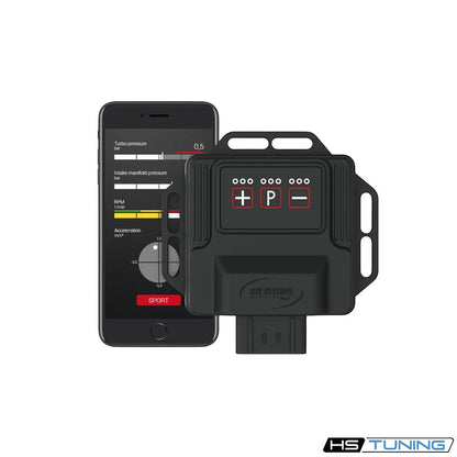 HS Tuning PowerControl RX performance module for BMW M3 M4 with smartphone app displaying engine data