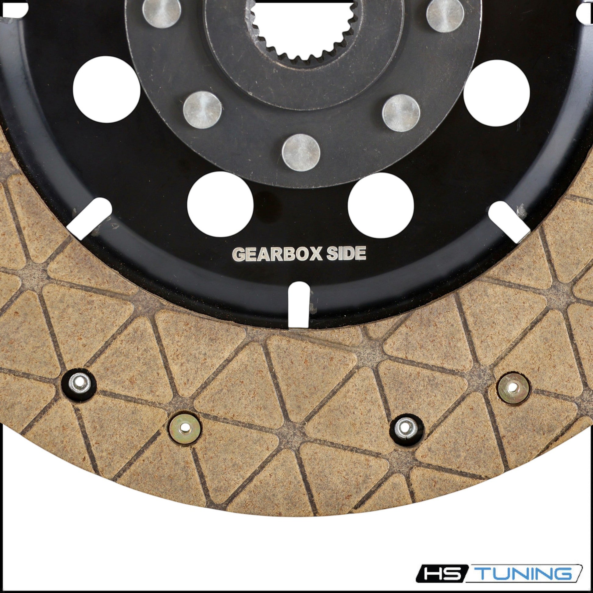 HS Tuning RSR Hybrid clutch disc showing the textured friction surface and black metal center with Gearbox Side label.