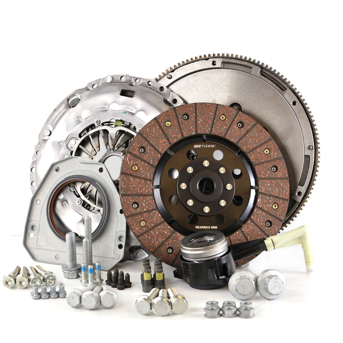HS Tuning RSR SC clutch kit for VW MK7 including pressure plate, clutch disc, throwout bearing, and mounting hardware.